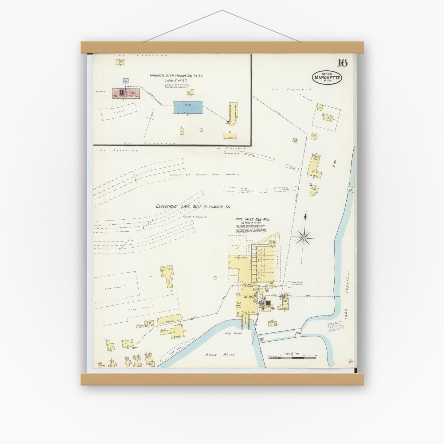 Old map wall art mockup — magnetic wood frame on white wall — Sanborn Fire Insurance Map from Marquette, Marquette County, Michigan (1897), Sheet #0016