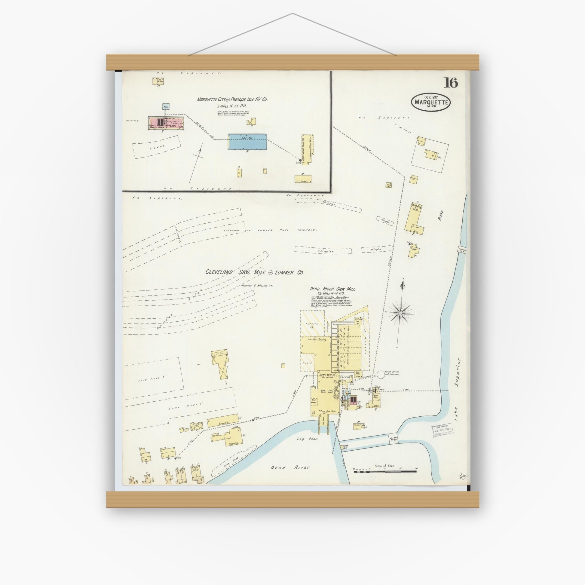 Old map wall art mockup — magnetic wood frame on white wall — Sanborn Fire Insurance Map from Marquette, Marquette County, Michigan (1897), Sheet #0016