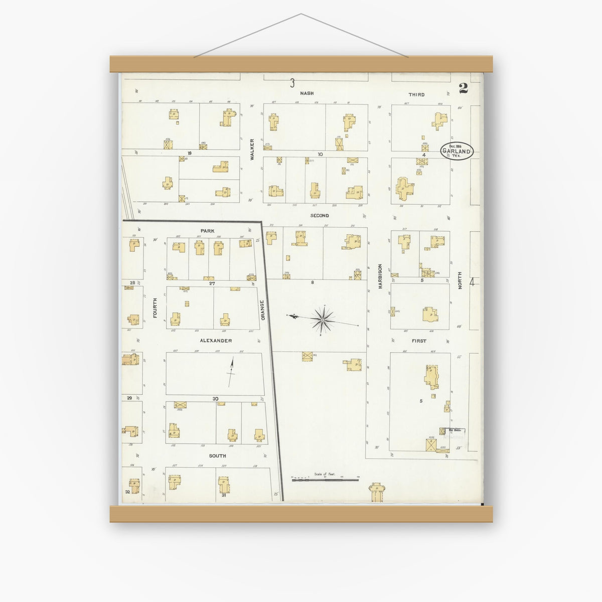 Old map wall art mockup — magnetic wood frame on white wall — Sanborn Fire Insurance Map from Garland, Dallas County, Texas (1906), Sheet #0002