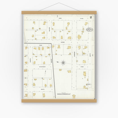 Old map wall art mockup — magnetic wood frame on white wall — Sanborn Fire Insurance Map from Garland, Dallas County, Texas (1906), Sheet #0002