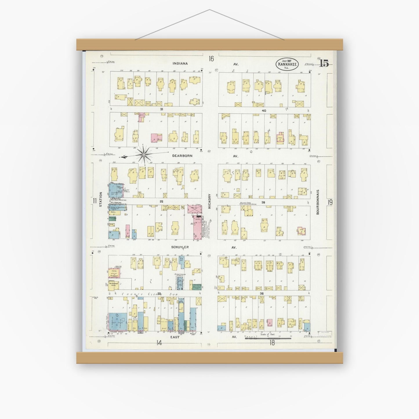 Old map wall art mockup — magnetic wood frame on white wall — Sanborn Fire Insurance Map from Kankakee, Kankakee County, Illinois (1907), Sheet #0015