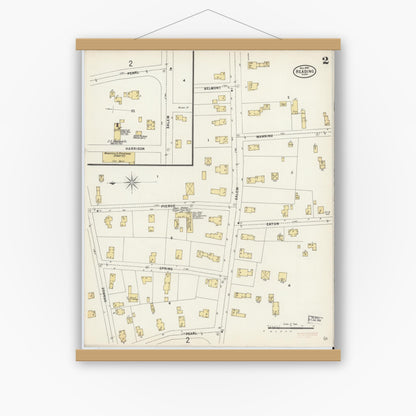 Old map wall art mockup — magnetic wood frame on white wall — Sanborn Fire Insurance Map from Reading, Middlesex County, Massachusetts (1897), Sheet #0002