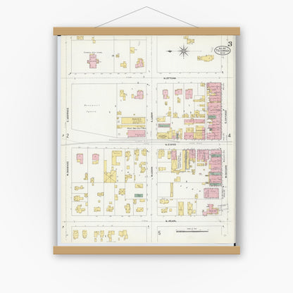Old map wall art mockup — magnetic wood frame on white wall — Sanborn Fire Insurance Map from Tecumseh, Lenawee County, Michigan (1907), Sheet #0003