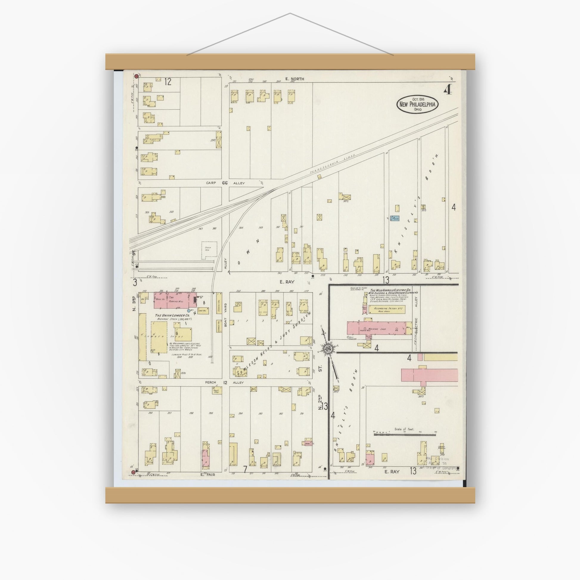 Old map wall art mockup — magnetic wood frame on white wall — Sanborn Fire Insurance Map from New Philadelphia, Tuscarawas County, Ohio (1914), Sheet #0004