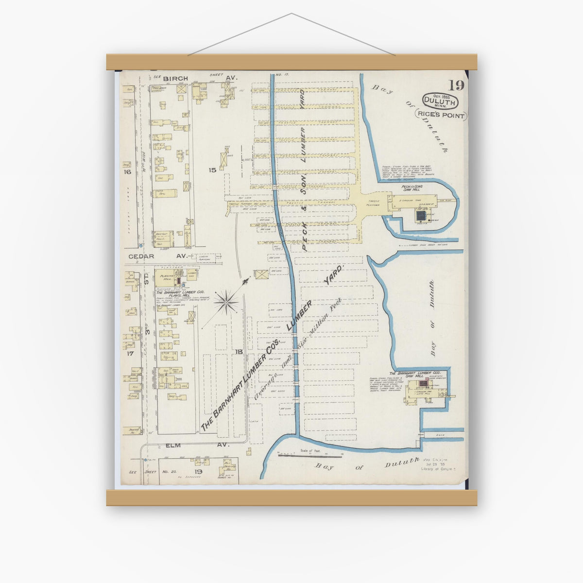 Old map wall art mockup — magnetic wood frame on white wall — Sanborn Fire Insurance Map from Duluth, Saint Louis County, Minnesota (1885), Sheet #0019