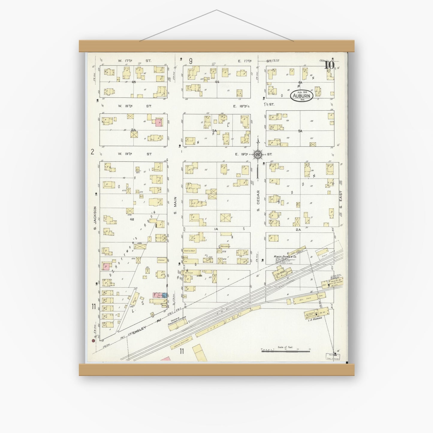 Old map wall art mockup — magnetic wood frame on white wall — Sanborn Fire Insurance Map from Auburn, De Kalb County, Indiana (1914), Sheet #0010