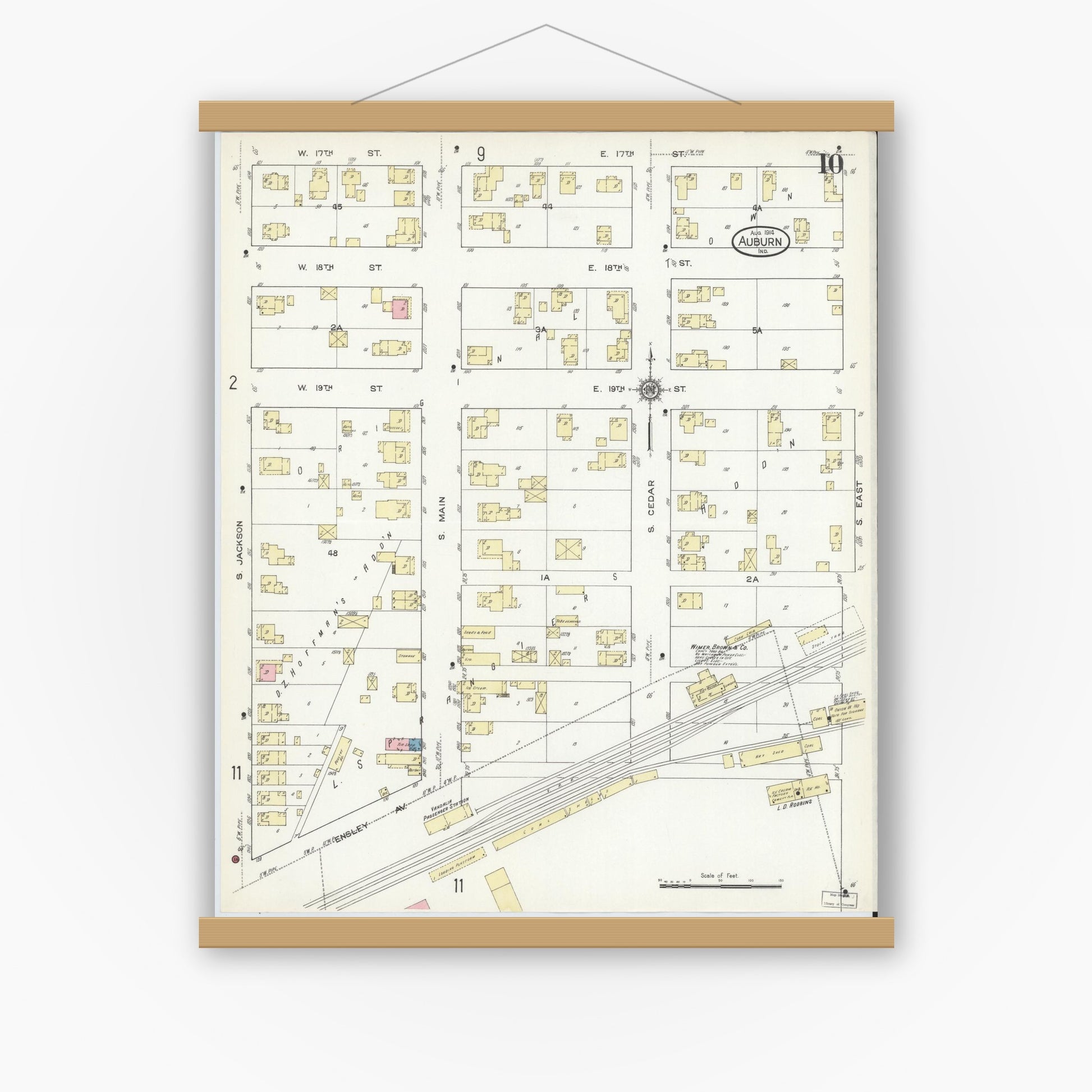 Old map wall art mockup — magnetic wood frame on white wall — Sanborn Fire Insurance Map from Auburn, De Kalb County, Indiana (1914), Sheet #0010