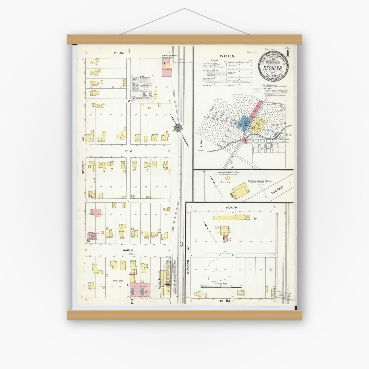 Old map wall art mockup — magnetic wood frame on white wall — Sanborn Fire Insurance Map from Deshler, Henry County, Ohio (1909), Sheet #0001