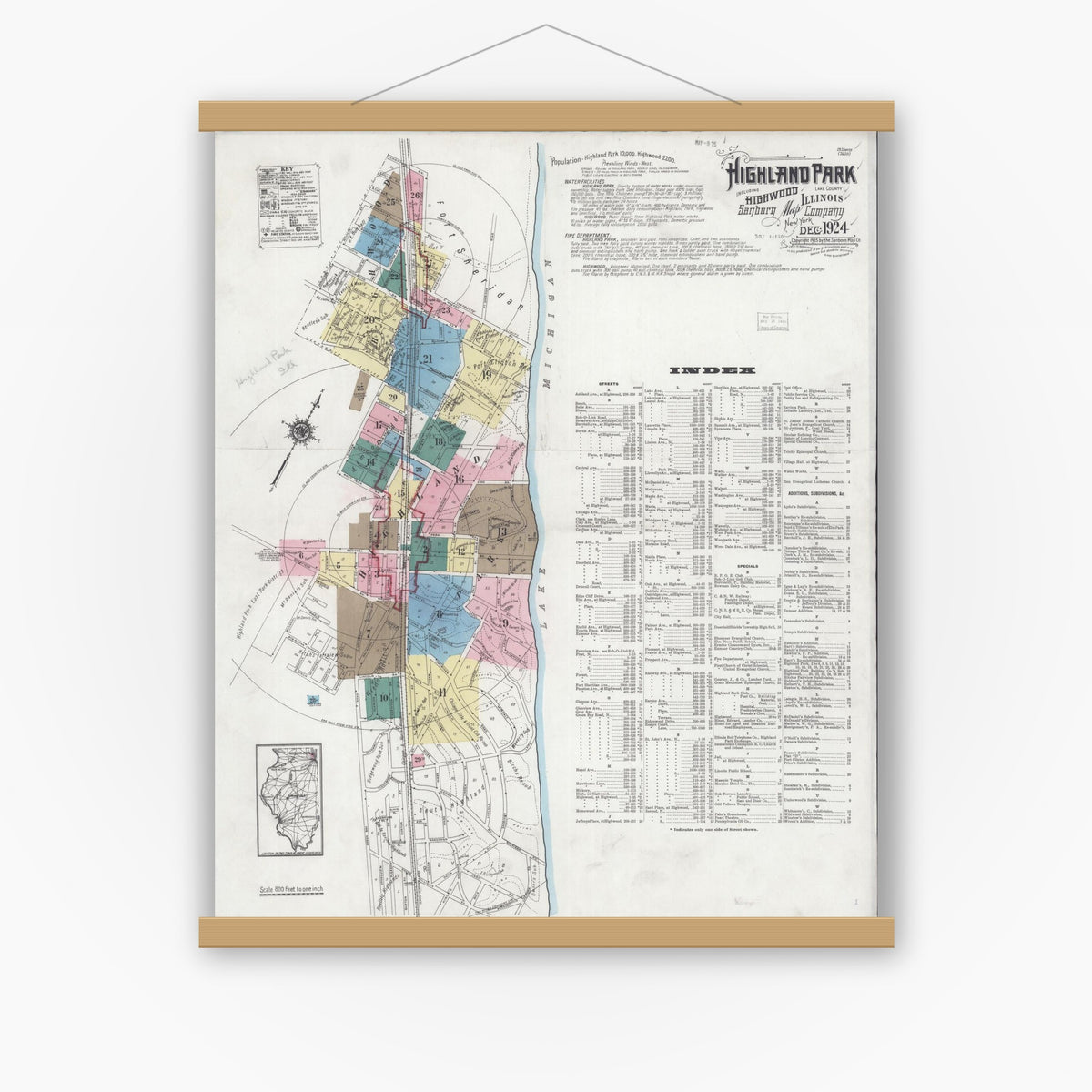 Old map wall art mockup — magnetic wood frame on white wall — Sanborn Fire Insurance Map from Highland Park, Lake County, Illinois (1924), Sheet #0001