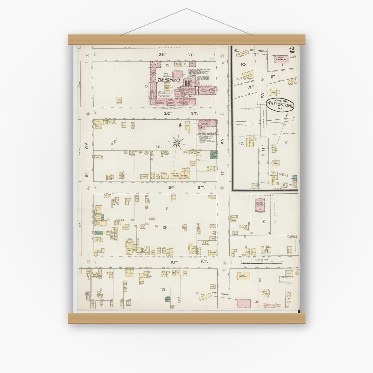 Old map wall art mockup — magnetic wood frame on white wall — Sanborn Fire Insurance Map from Whitestone, Queens County, New York (1886), Sheet #0002