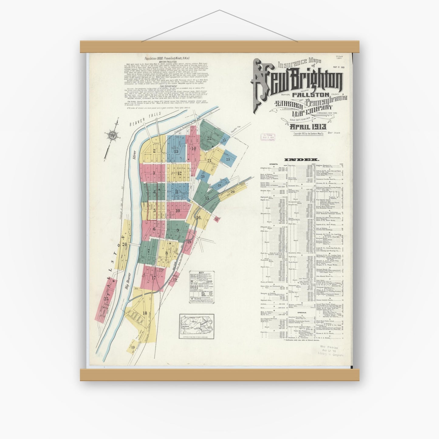 Old map wall art mockup — magnetic wood frame on white wall — Sanborn Fire Insurance Map from New Brighton, Beaver County, Pennsylvania (1913) - Complete Map Set