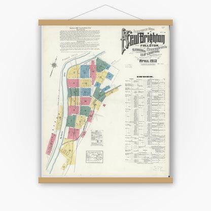 Old map wall art mockup — magnetic wood frame on white wall — Sanborn Fire Insurance Map from New Brighton, Beaver County, Pennsylvania (1913) - Complete Map Set