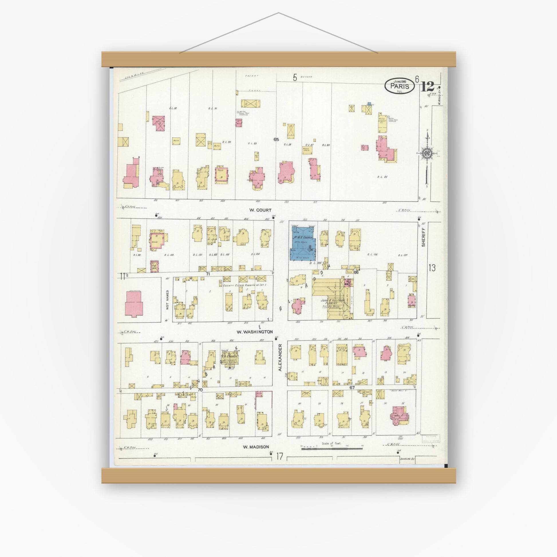Old map wall art mockup — magnetic wood frame on white wall — Sanborn Fire Insurance Map from Paris, Edgar County, Illinois (1916), Sheet #0012