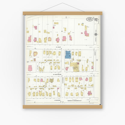 Old map wall art mockup — magnetic wood frame on white wall — Sanborn Fire Insurance Map from Paris, Edgar County, Illinois (1916), Sheet #0012