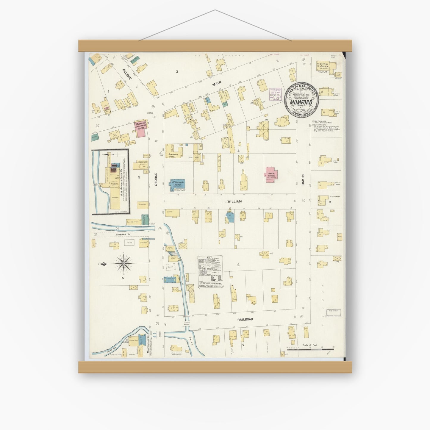 Old map wall art mockup — magnetic wood frame on white wall — Sanborn Fire Insurance Map from Mumford, Monroe County, New York (1907), Sheet #0001
