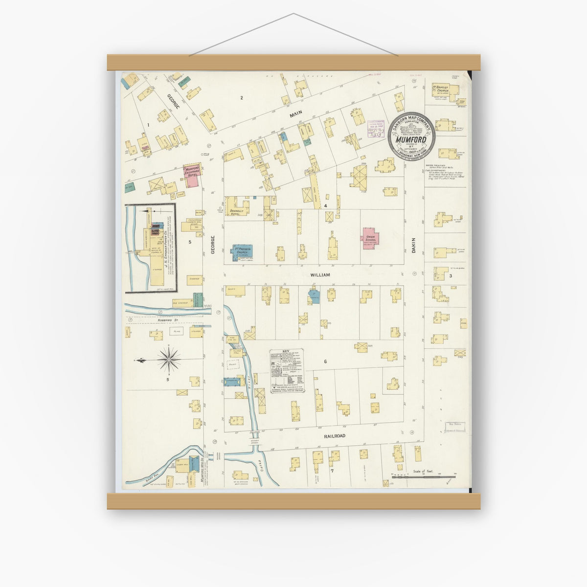 Old map wall art mockup — magnetic wood frame on white wall — Sanborn Fire Insurance Map from Mumford, Monroe County, New York (1907), Sheet #0001