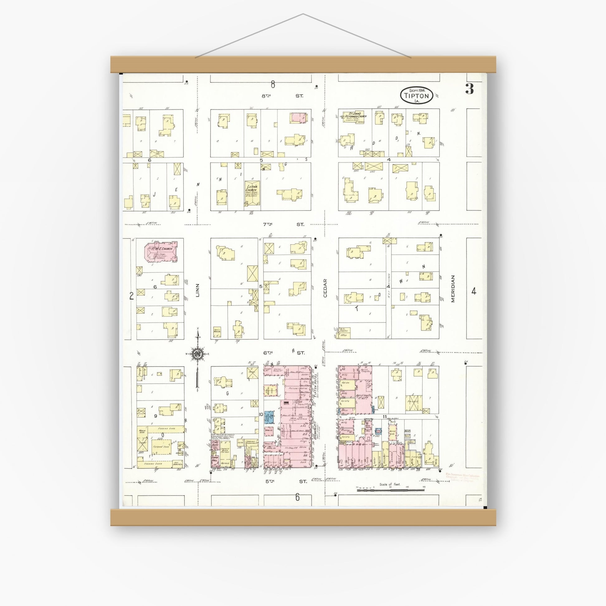 Old map wall art mockup — magnetic wood frame on white wall — Sanborn Fire Insurance Map from Tipton, Cedar County, Iowa (1914), Sheet #0003