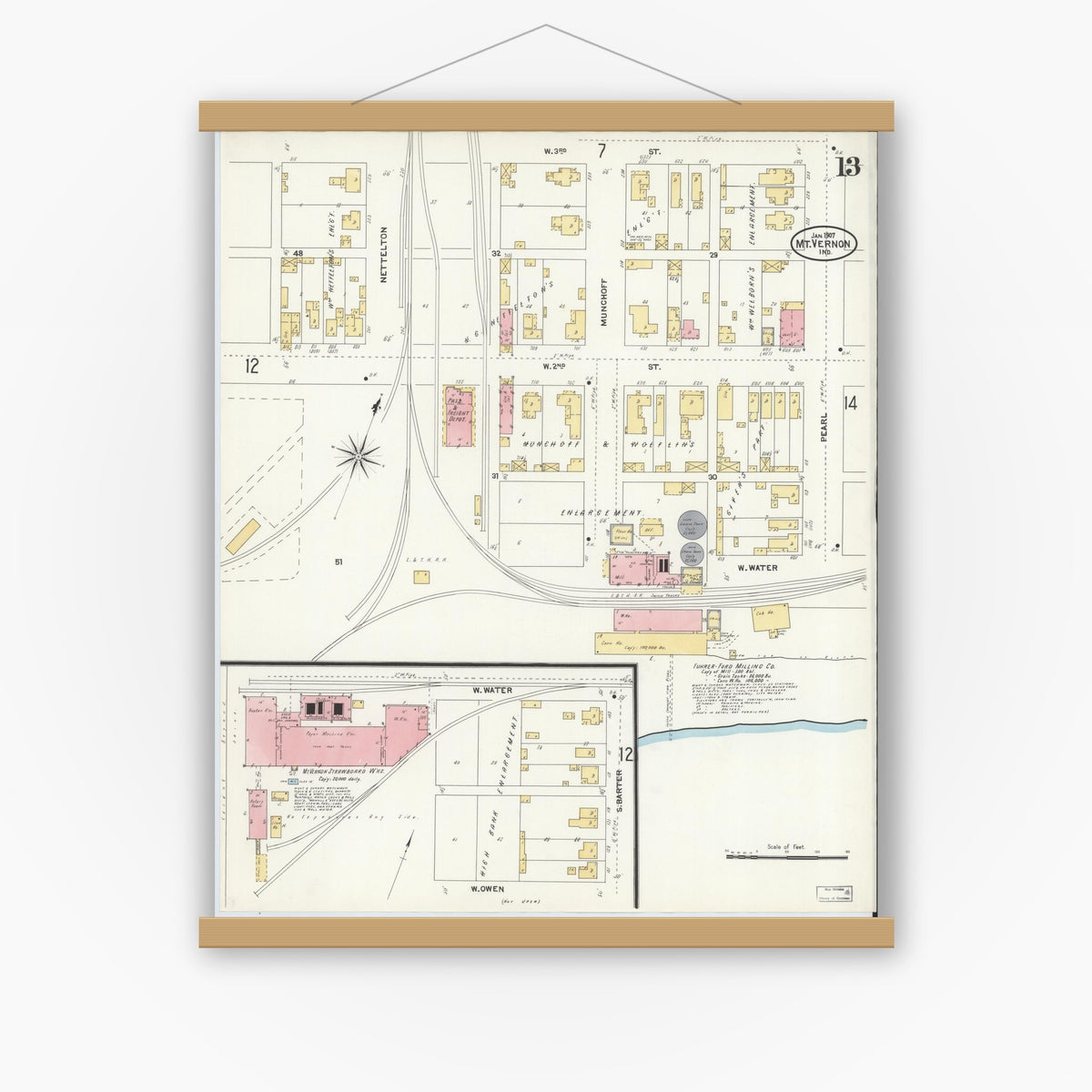 Old map wall art mockup — magnetic wood frame on white wall — Sanborn Fire Insurance Map from Mount Vernon, Posey County, Indiana (1907), Sheet #0013