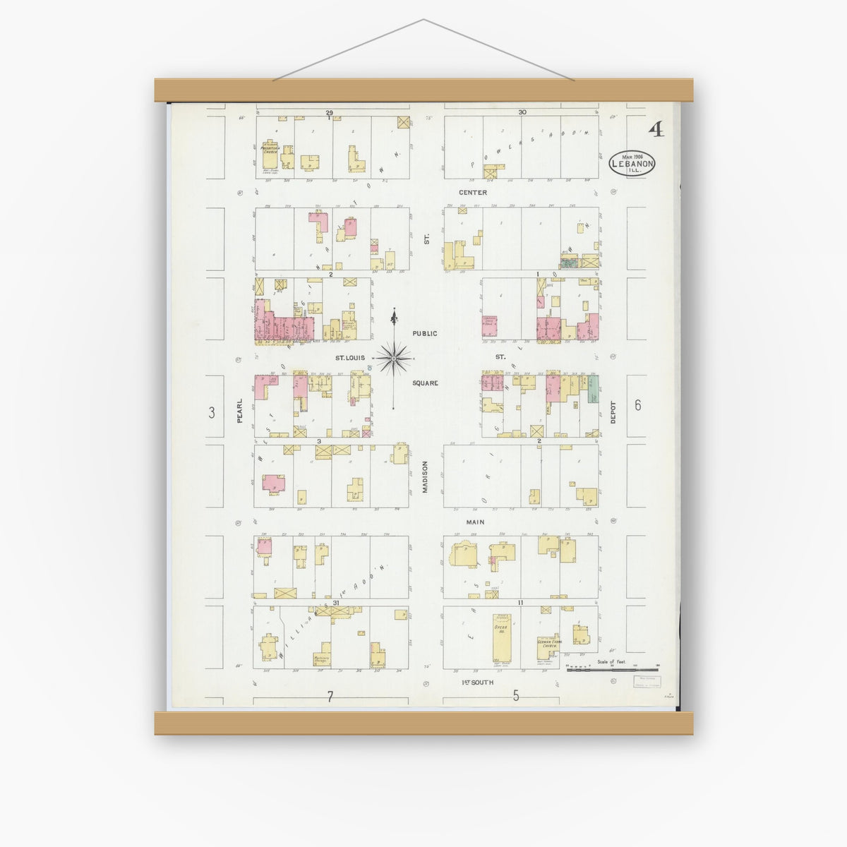 Old map wall art mockup — magnetic wood frame on white wall — Sanborn Fire Insurance Map from Lebanon, Saint Clair County, Illinois (1906), Sheet #0004