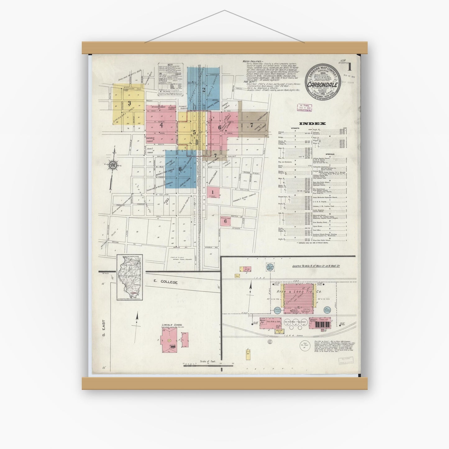Old map wall art mockup — magnetic wood frame on white wall — Sanborn Fire Insurance Map from Carbondale, Jackson County, Illinois (1913), Sheet #0001