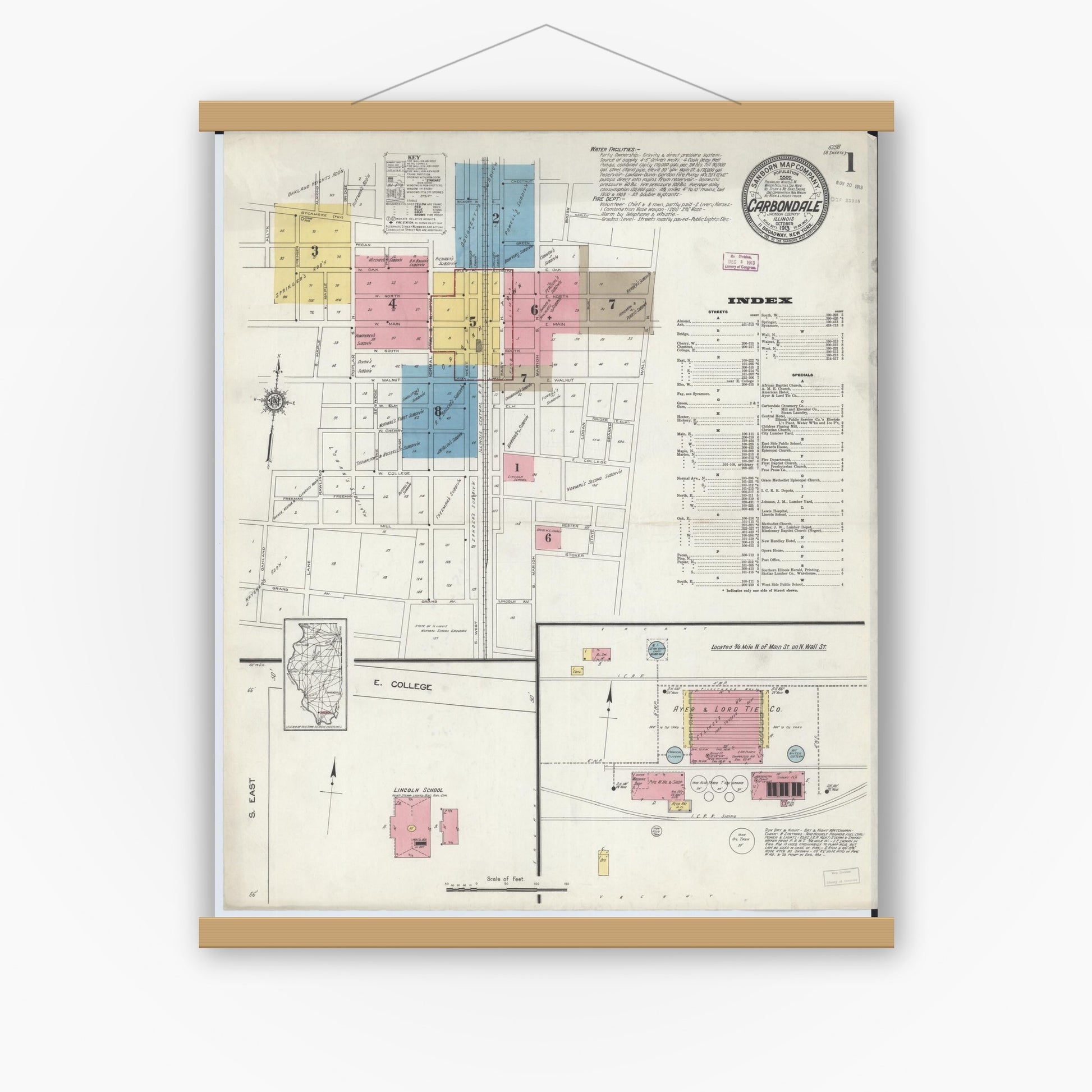 Old map wall art mockup — magnetic wood frame on white wall — Sanborn Fire Insurance Map from Carbondale, Jackson County, Illinois (1913), Sheet #0001