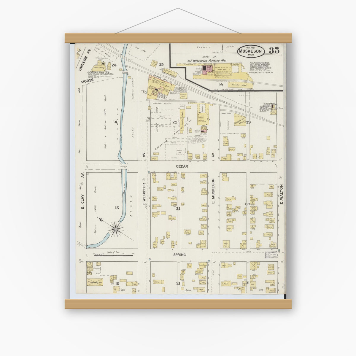 Old map wall art mockup — magnetic wood frame on white wall — Sanborn Fire Insurance Map from Muskegon, Muskegon County, Michigan (1887), Sheet #0035