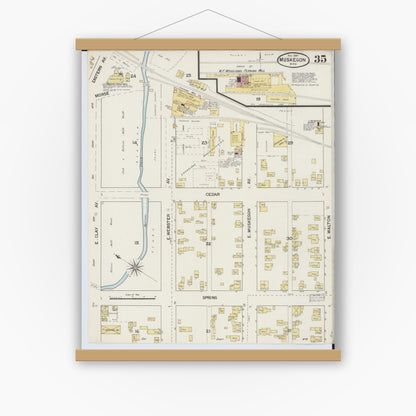 Old map wall art mockup — magnetic wood frame on white wall — Sanborn Fire Insurance Map from Muskegon, Muskegon County, Michigan (1887), Sheet #0035