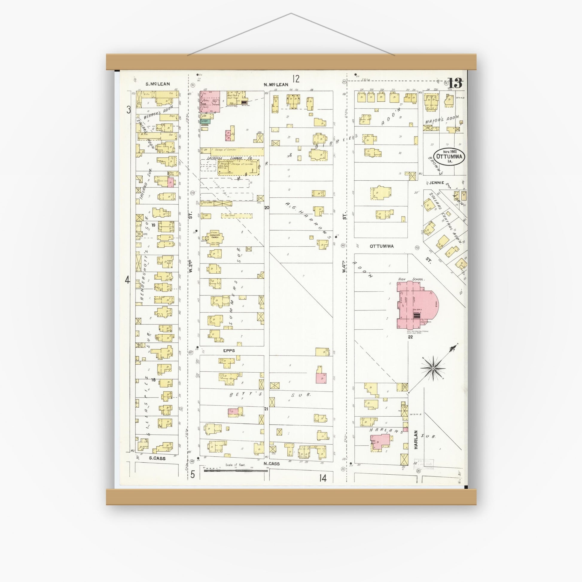 Old map wall art mockup — magnetic wood frame on white wall — Sanborn Fire Insurance Map from Ottumwa, Wapello County, Iowa (1902), Sheet #0013