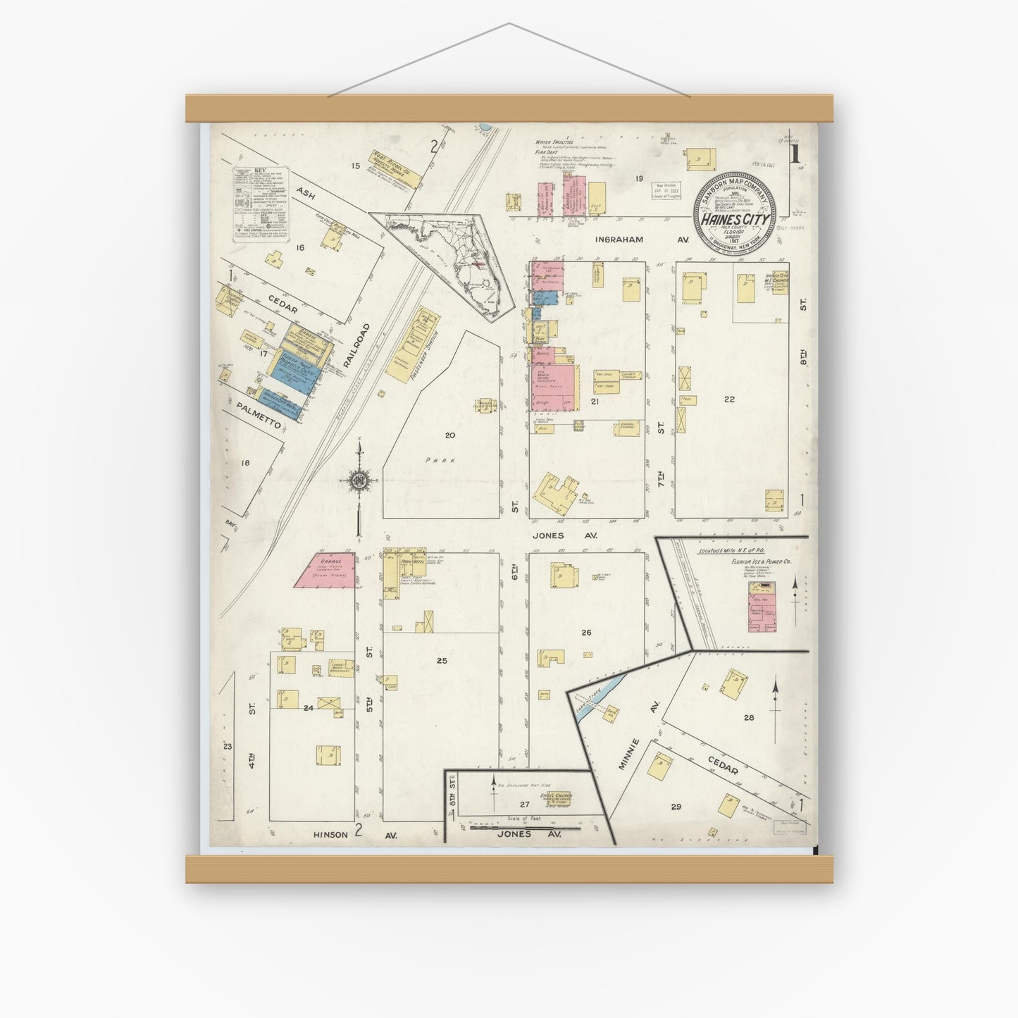Old map wall art mockup — magnetic wood frame on white wall — Sanborn Fire Insurance Map from Haines City, Polk County, Florida (1917) - Complete Map Set