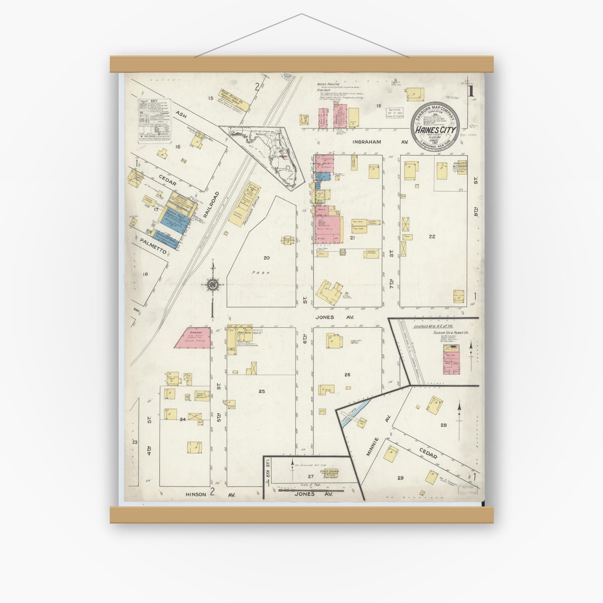Old map wall art mockup — magnetic wood frame on white wall — Sanborn Fire Insurance Map from Haines City, Polk County, Florida (1917) - Complete Map Set
