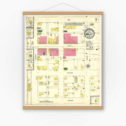 Old map wall art mockup — magnetic wood frame on white wall — Sanborn Fire Insurance Map from Bartlett, Bell and Williamson Counties, Texas (1905), Sheet #0001
