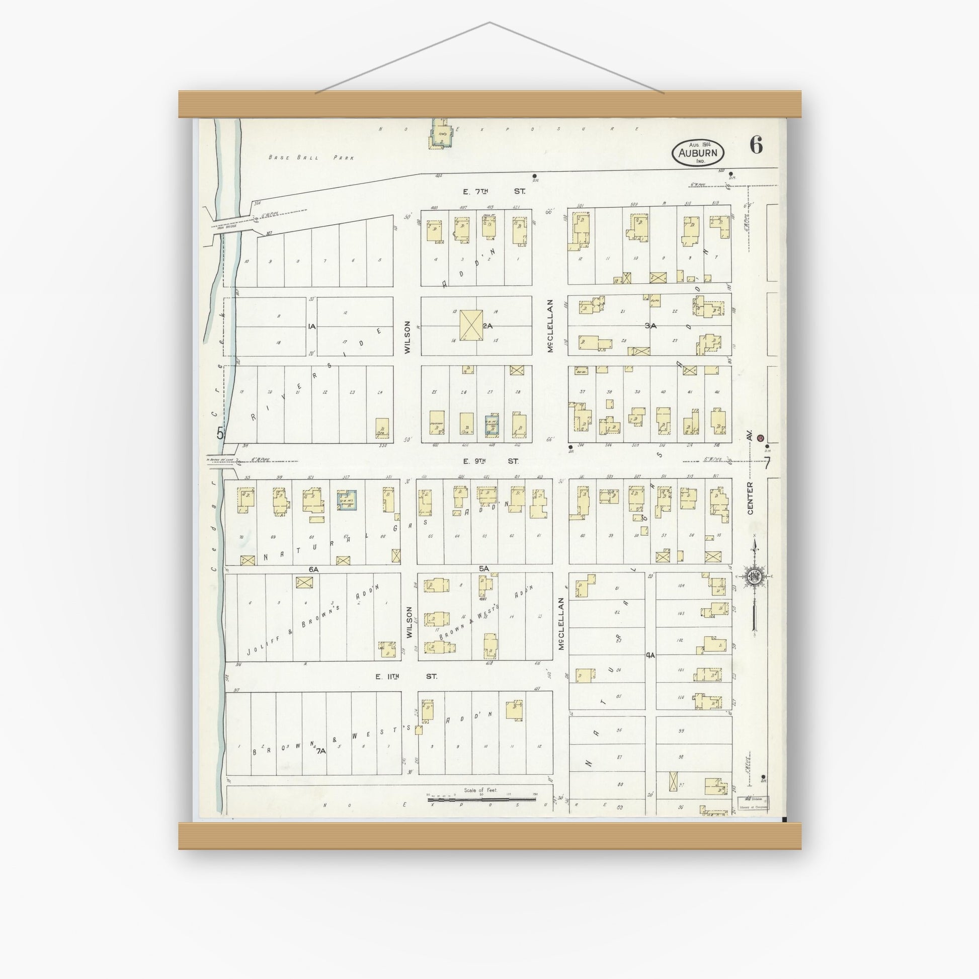 Old map wall art mockup — magnetic wood frame on white wall — Sanborn Fire Insurance Map from Auburn, De Kalb County, Indiana (1914), Sheet #0006