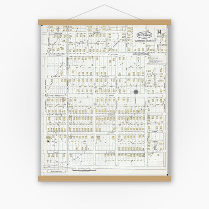 Old map wall art mockup — magnetic wood frame on white wall — Sanborn Fire Insurance Map from West Frankfort, Franklin County, Illinois (1919), Sheet #0014