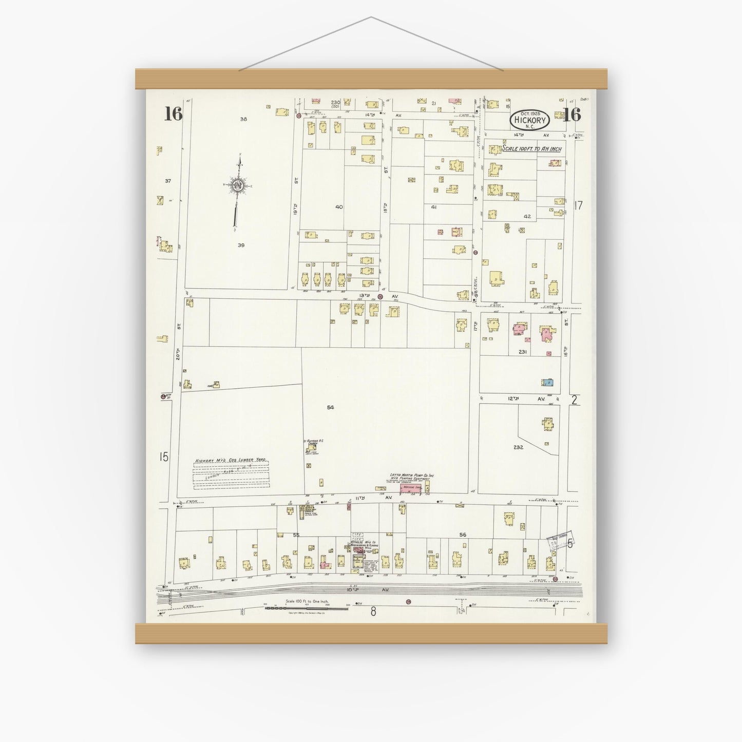 Old map wall art mockup — magnetic wood frame on white wall — Sanborn Fire Insurance Map from Hickory, Catawba County, North Carolina (1925), Sheet #0016