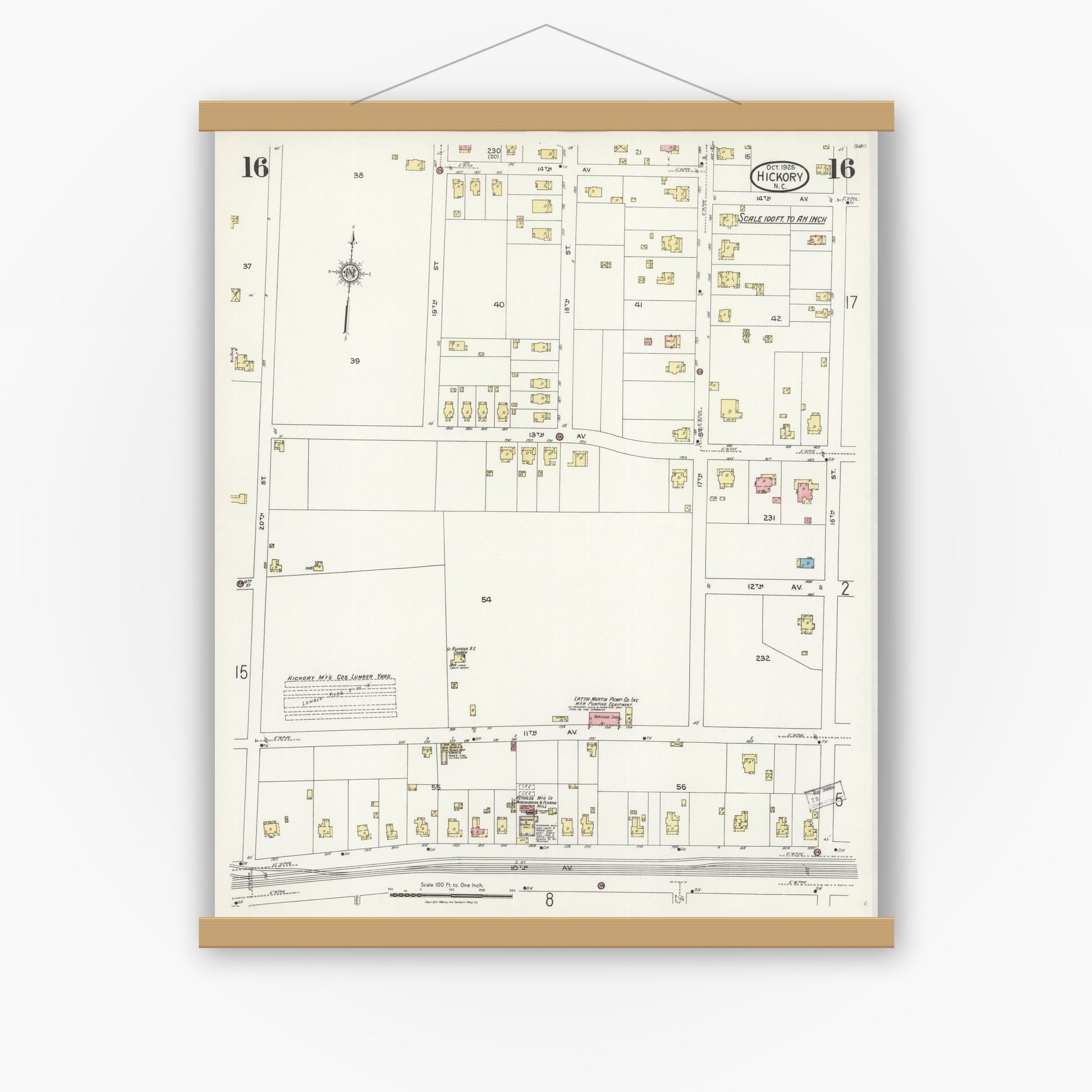 Old map wall art mockup — magnetic wood frame on white wall — Sanborn Fire Insurance Map from Hickory, Catawba County, North Carolina (1925), Sheet #0016