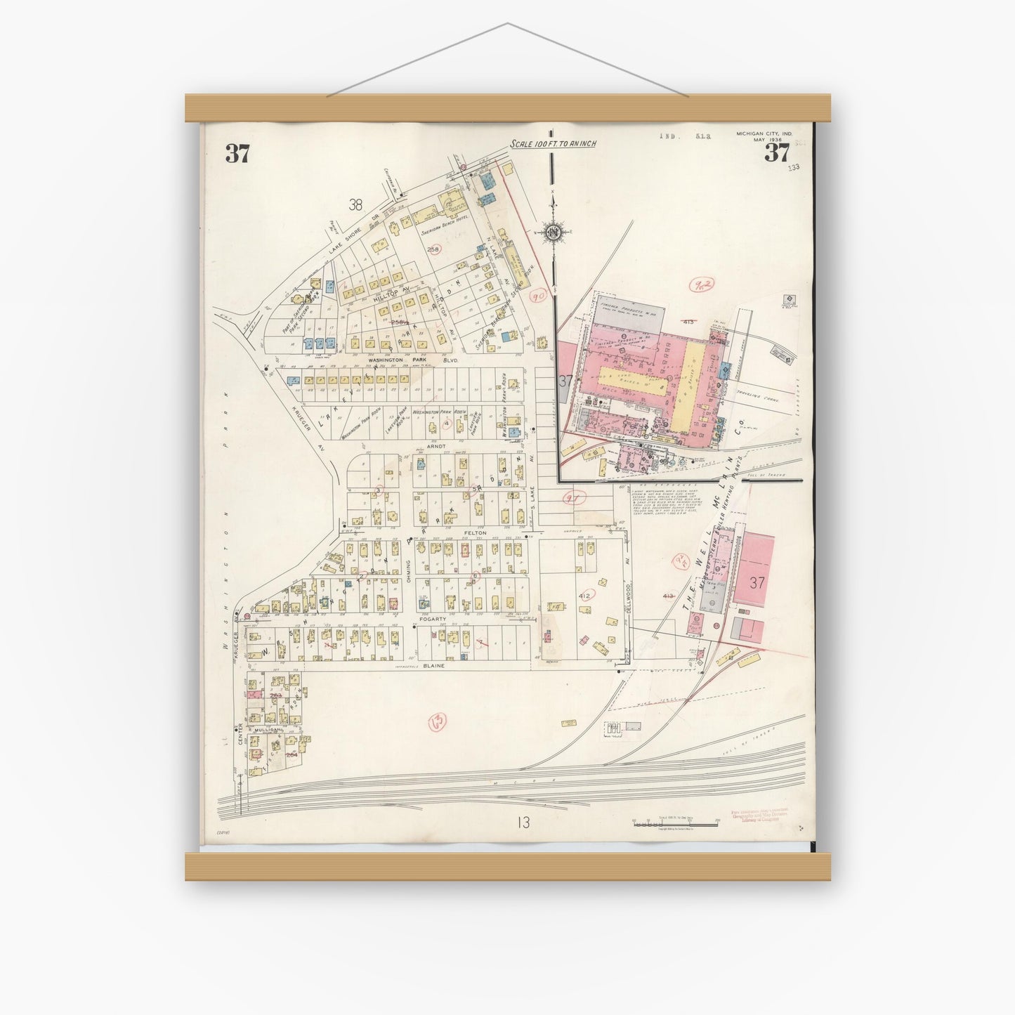 Old map wall art mockup — magnetic wood frame on white wall — Sanborn Fire Insurance Map from Michigan City, La Porte County, Indiana (1948), Sheet #0037