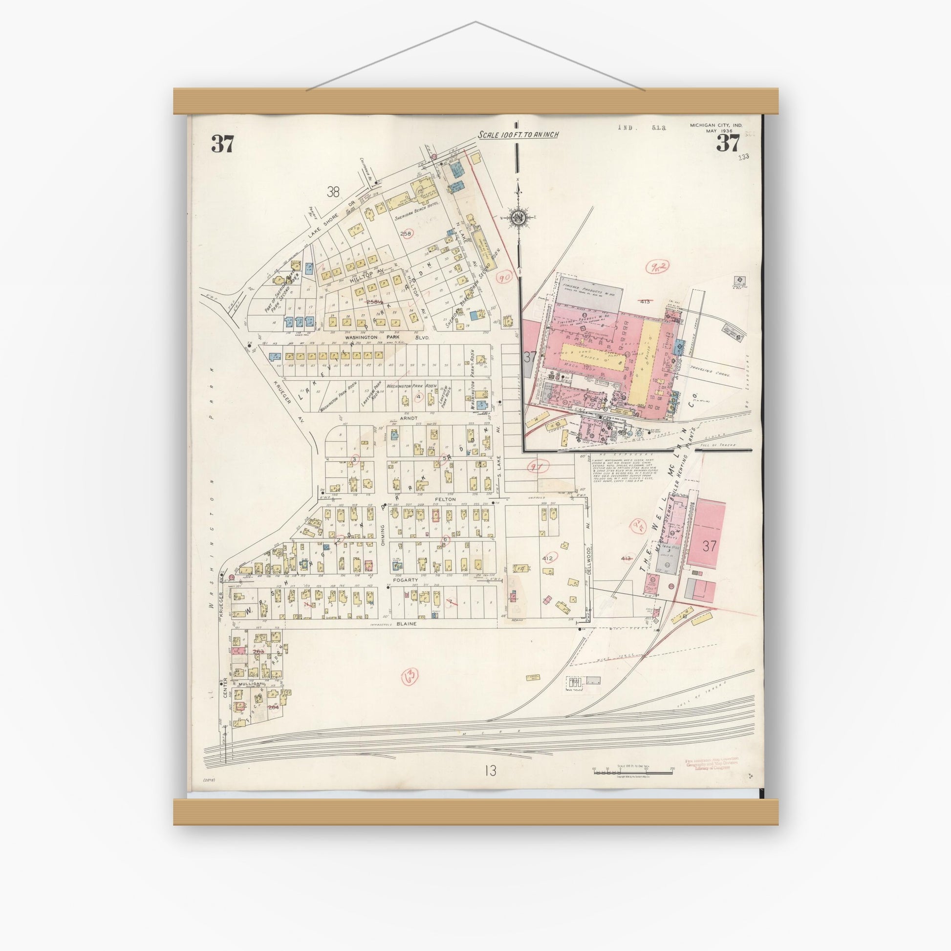 Old map wall art mockup — magnetic wood frame on white wall — Sanborn Fire Insurance Map from Michigan City, La Porte County, Indiana (1948), Sheet #0037