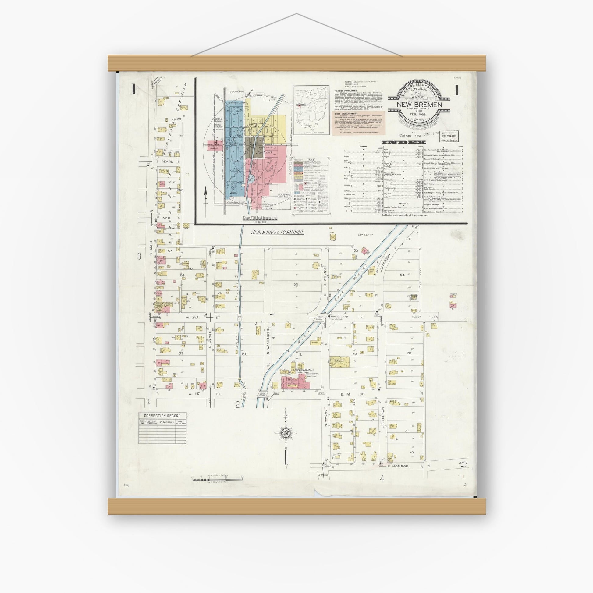 Old map wall art mockup — magnetic wood frame on white wall — Sanborn Fire Insurance Map from New Bremen, Auglaize County, Ohio (1933), Sheet #0001