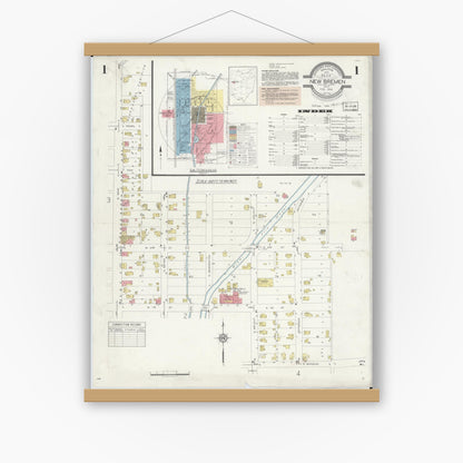 Old map wall art mockup — magnetic wood frame on white wall — Sanborn Fire Insurance Map from New Bremen, Auglaize County, Ohio (1933), Sheet #0001