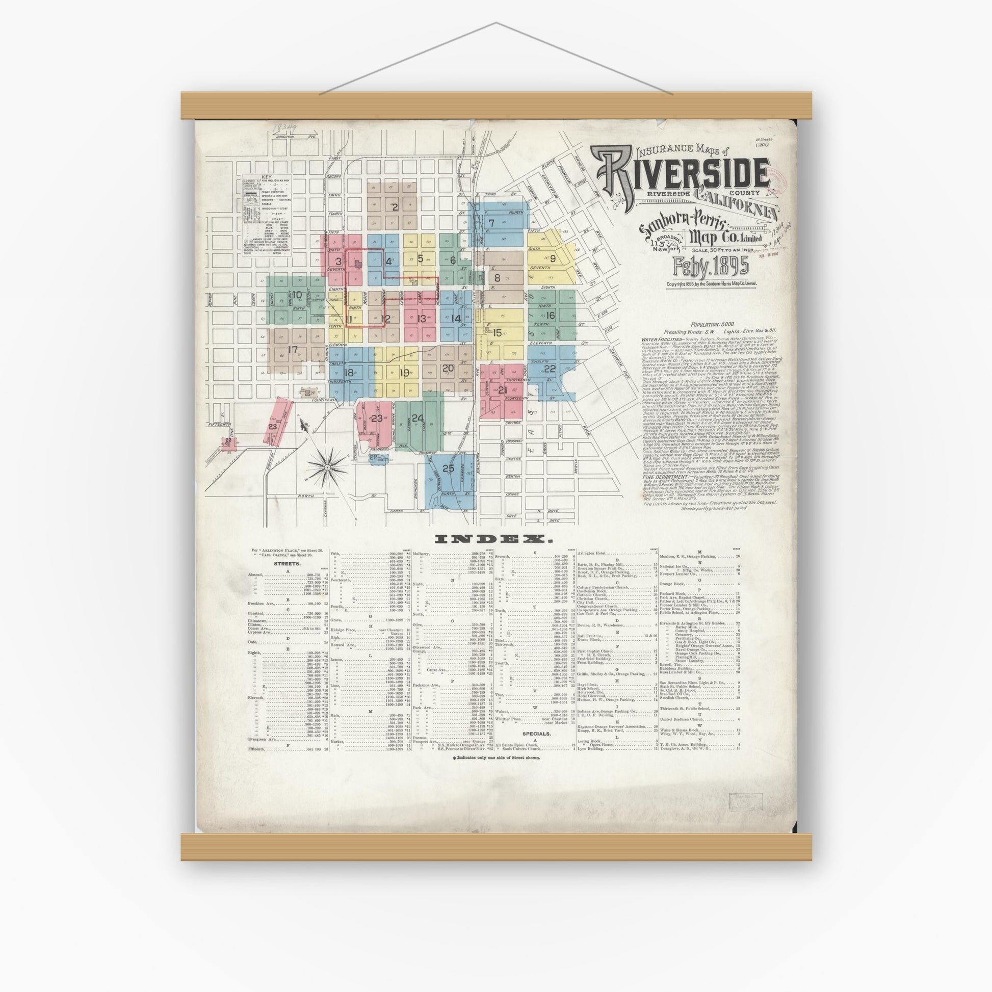 Old map wall art mockup — magnetic wood frame on white wall — Sanborn Fire Insurance Map from Riverside, Riverside County, California (1895) - Complete Map Set