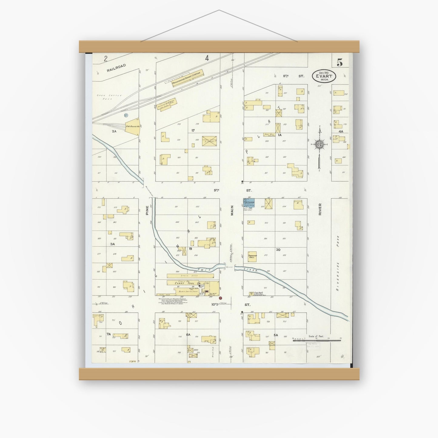 Old map wall art mockup — magnetic wood frame on white wall — Sanborn Fire Insurance Map from Evart, Osceola County, Michigan (1910), Sheet #0005