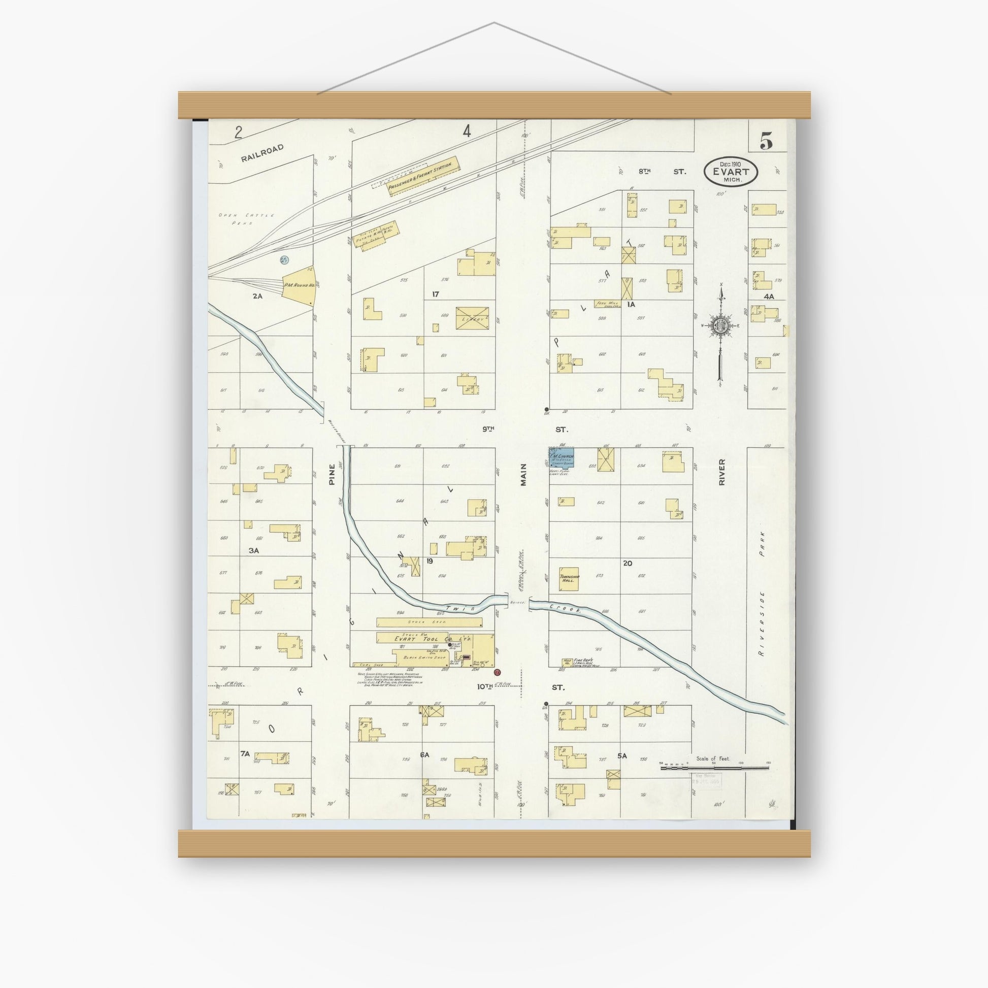 Old map wall art mockup — magnetic wood frame on white wall — Sanborn Fire Insurance Map from Evart, Osceola County, Michigan (1910), Sheet #0005