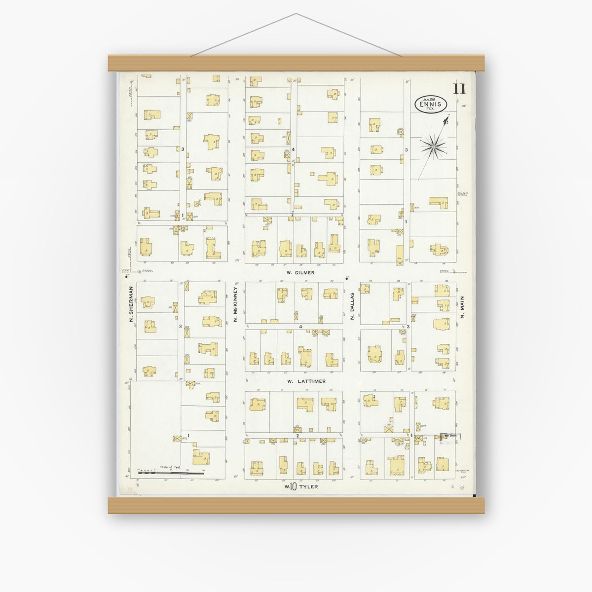 Old map wall art mockup — magnetic wood frame on white wall — Sanborn Fire Insurance Map from Ennis, Ellis County, Texas (1909), Sheet #0011