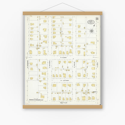 Old map wall art mockup — magnetic wood frame on white wall — Sanborn Fire Insurance Map from Ennis, Ellis County, Texas (1909), Sheet #0011