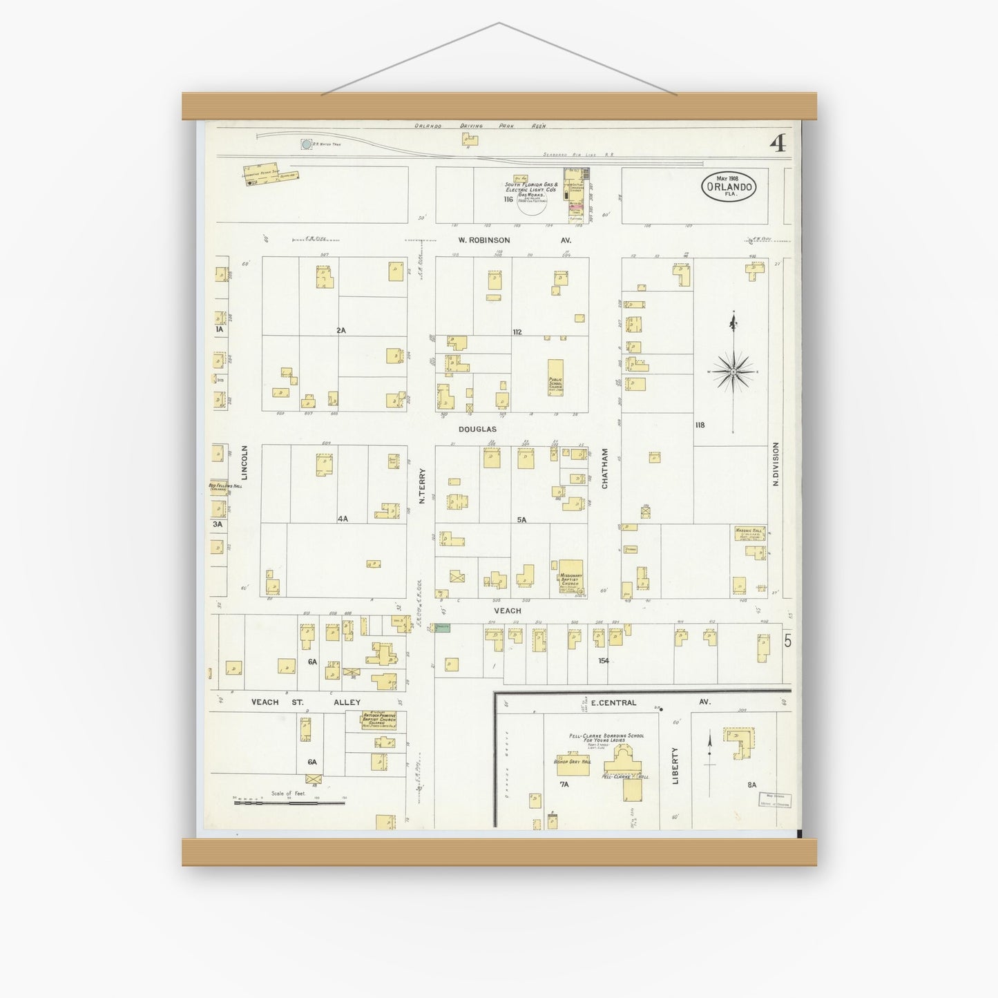 Old map wall art mockup — magnetic wood frame on white wall — Sanborn Fire Insurance Map from Orlando, Orange County, Florida (1908), Sheet #0004