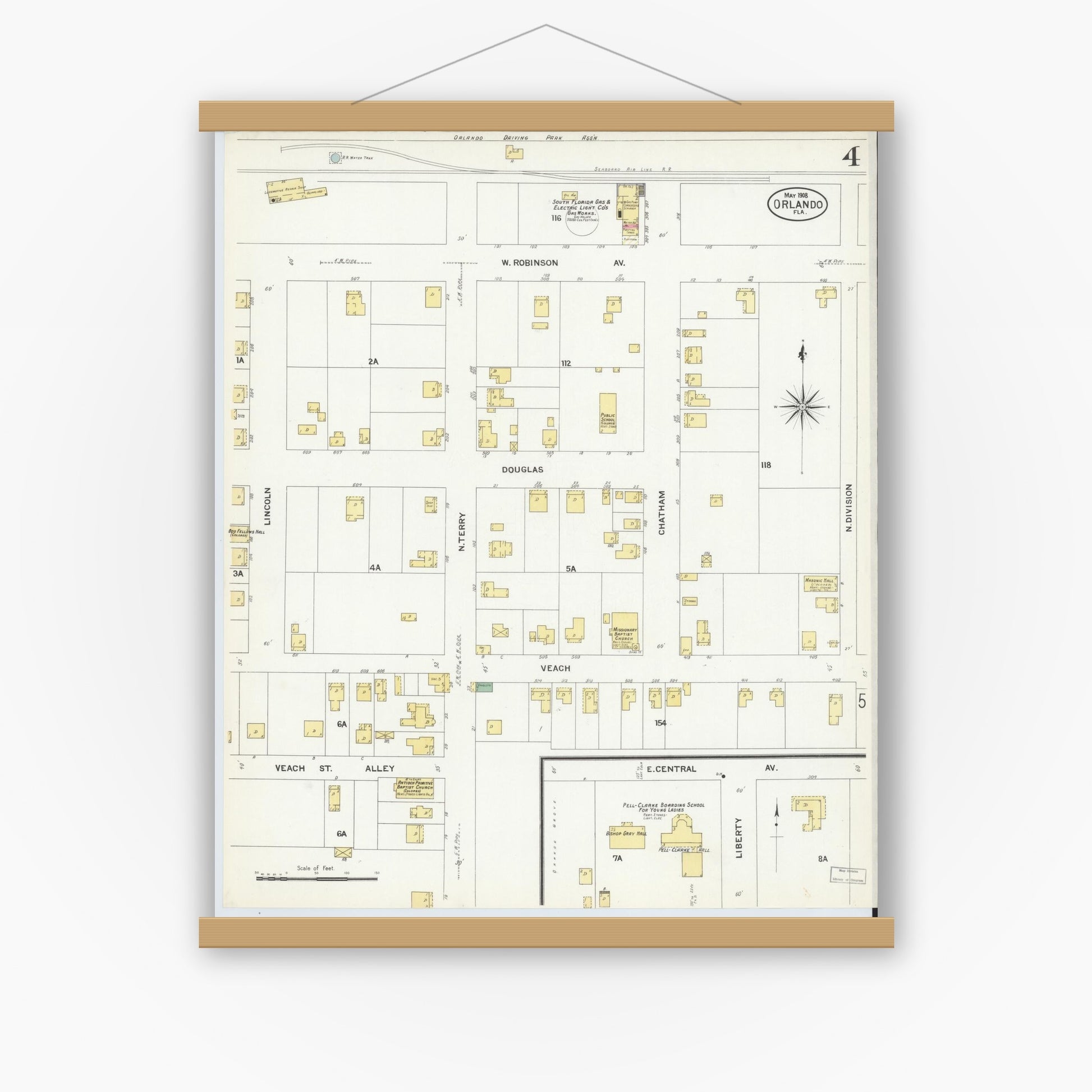 Old map wall art mockup — magnetic wood frame on white wall — Sanborn Fire Insurance Map from Orlando, Orange County, Florida (1908), Sheet #0004