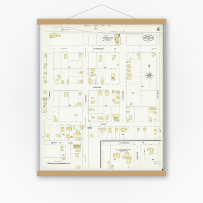 Old map wall art mockup — magnetic wood frame on white wall — Sanborn Fire Insurance Map from Orlando, Orange County, Florida (1908), Sheet #0004