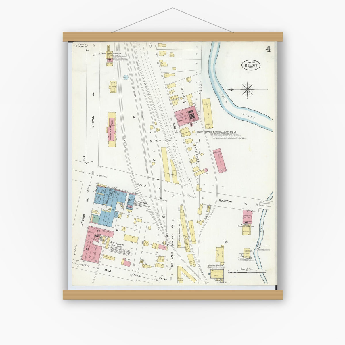 Old map wall art mockup — magnetic wood frame on white wall — Sanborn Fire Insurance Map from Beloit, Rock County, Wisconsin (1908), Sheet #0004