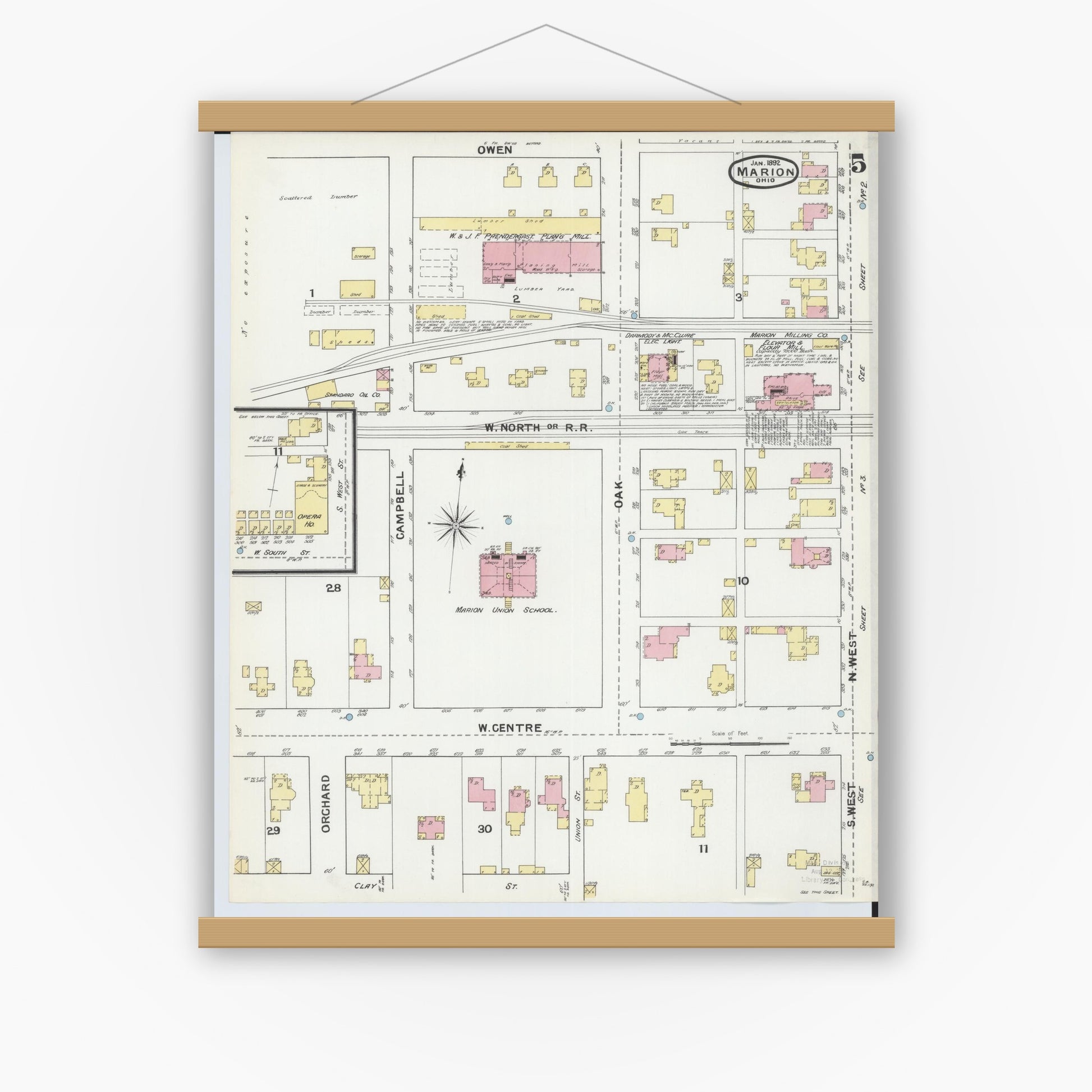 Old map wall art mockup — magnetic wood frame on white wall — Sanborn Fire Insurance Map from Marion, Marion County, Ohio (1892), Sheet #0005