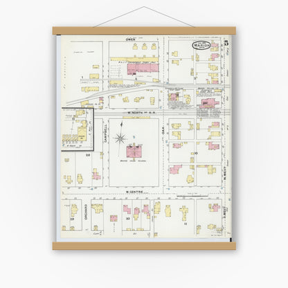 Old map wall art mockup — magnetic wood frame on white wall — Sanborn Fire Insurance Map from Marion, Marion County, Ohio (1892), Sheet #0005